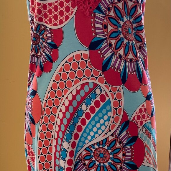 Blues and Hot Pinks, Oh My! With Crocheted V-Neck and Hem. Sleeveless Size PS. - Picture 1 of 3